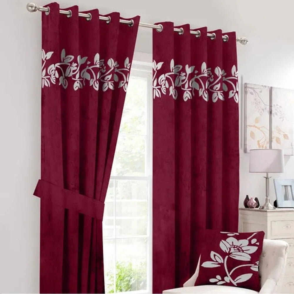 Pair of Decorative Floral Velvet Eyelet Curtains White On Maroon With Tie Belts