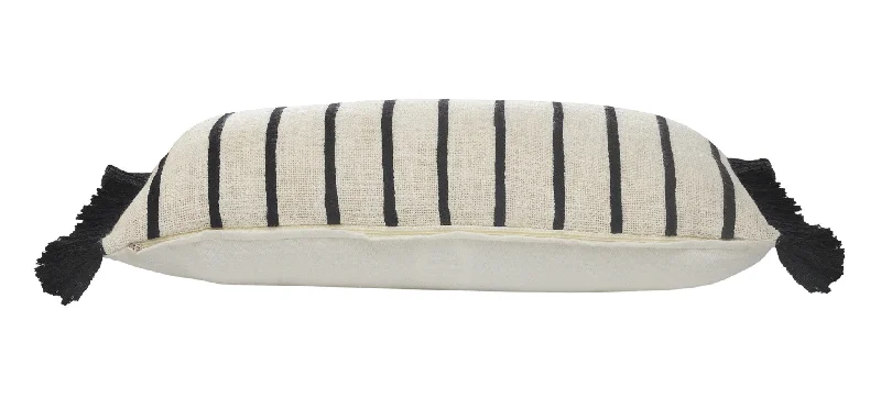 12" X 28" Ivory And Black 100% Cotton Striped Zippered Pillow