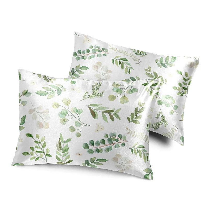 Sweet Jojo Designs Green Boho Floral Leaf Decorative Satin Pillowcases 2 Pack Set Sage White Bohemian Botanical Flower Woodland