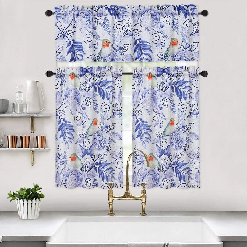 Linen Blend Bird Floral Kitchen Tier or Valance Curtain