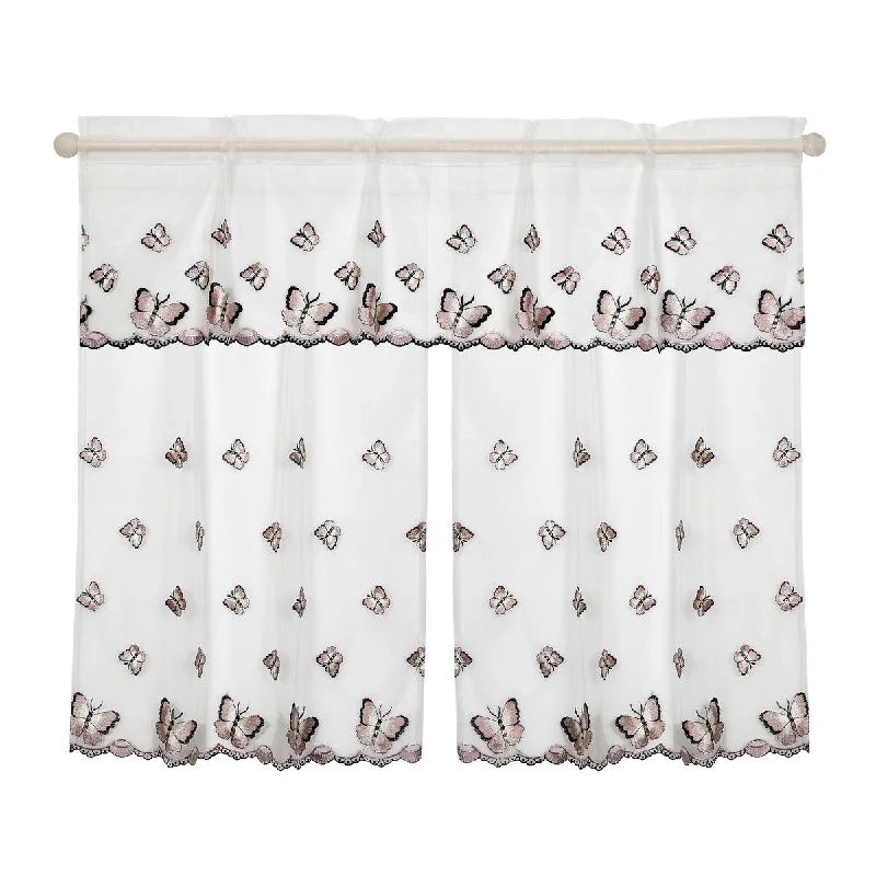 Violet Linen Paris Vintage Butterfly Boutique Lace, 3pc Set 60"x18" Valance, 30"x36" Tiers, Decorative Window Kitchen Curtain