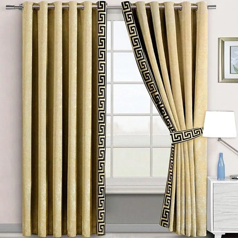 Pair of Versace Border Velvet Eyelet Curtains Coffee On Off White With Tie Belts