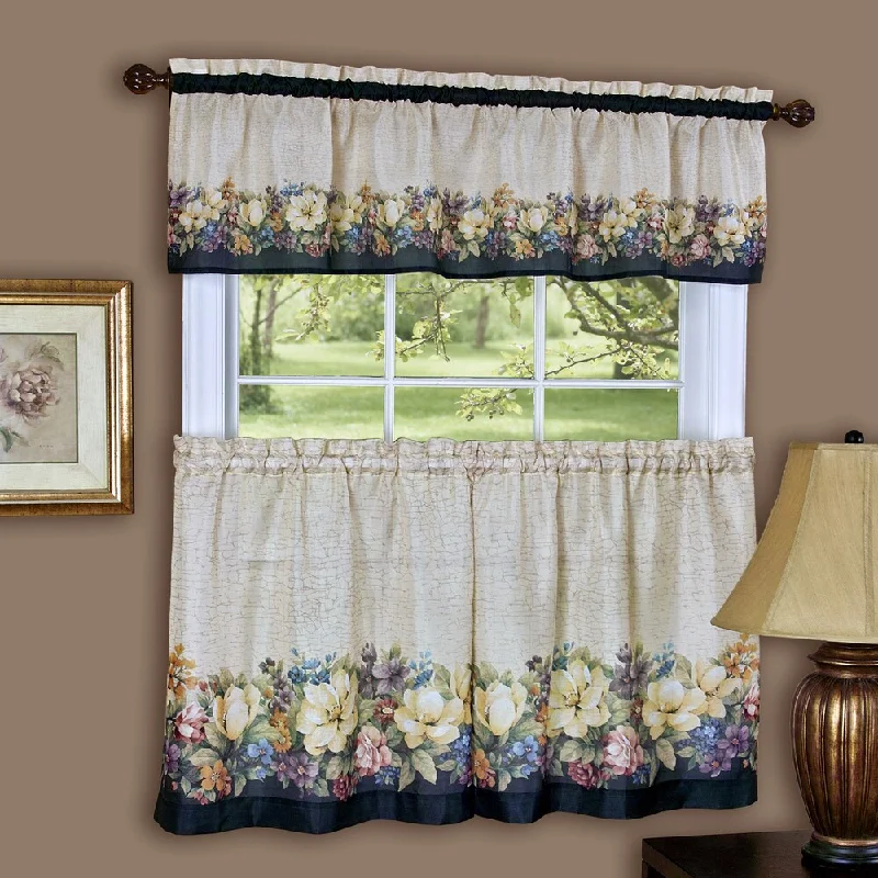 Traditional Two-piece Tailored Tier and Valance Window Curtains Set with Antiqued Floral Print