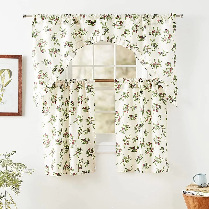 Violet Linen European Olives Branch, Green, 3pc Set 60" x 18" Valance, 30" x 36" Tiers, Decorative Window Kitchen Curtain Set