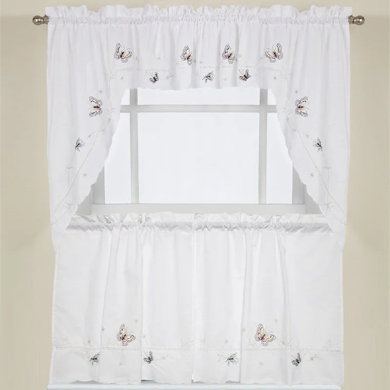 Fluttering Butterfly White Embroidered Tier, Swag, or Valance Kitchen Curtains