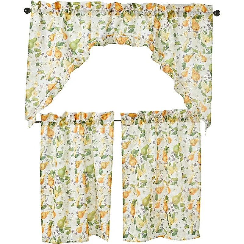 Violet Linen European Fruits Flowers, Pears, 3pc Set 60" x 18" Valance, 30" x 36" Tiers, Decorative Window Kitchen Curtain Set