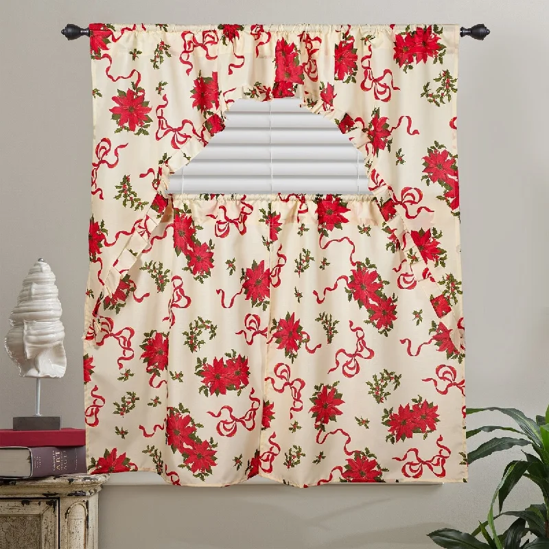 Violet Linen Decorative Christmas Poinsettias 3pc Set 60" x 18" Valance, 30" x 36" Tiers, Decorative Window Kitchen Curtain Set