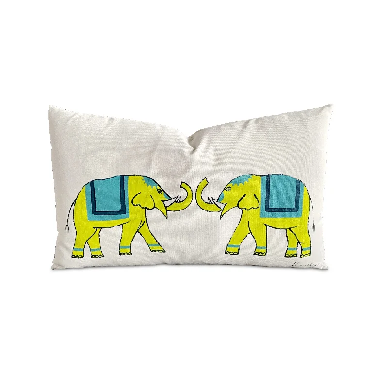 Yellow Hand-Painted Elephant Lumbar Pillow Cover 13x22