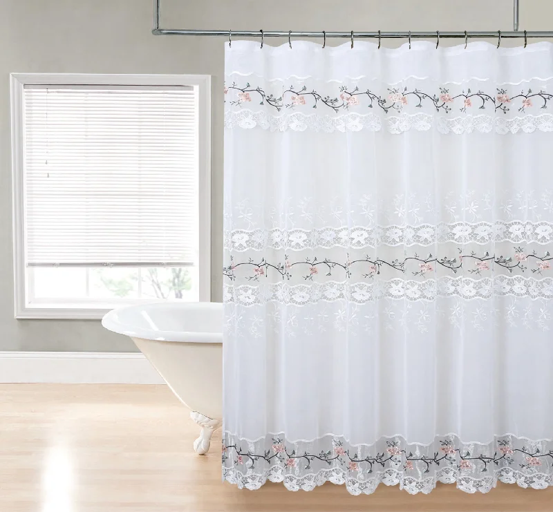 Rose Garden Macramé Embroider Shower Curtain with Attached Valance