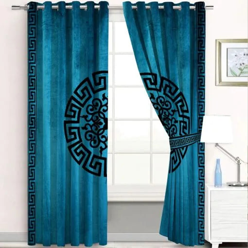 Pair of Versace Velvet Eyelet Curtains Black On Ocean Blue With Tie Belts