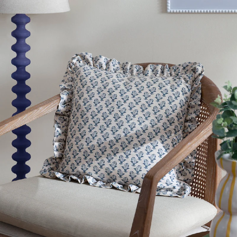 Lulah Block Printed Ruffle Cushion Linen/Blue