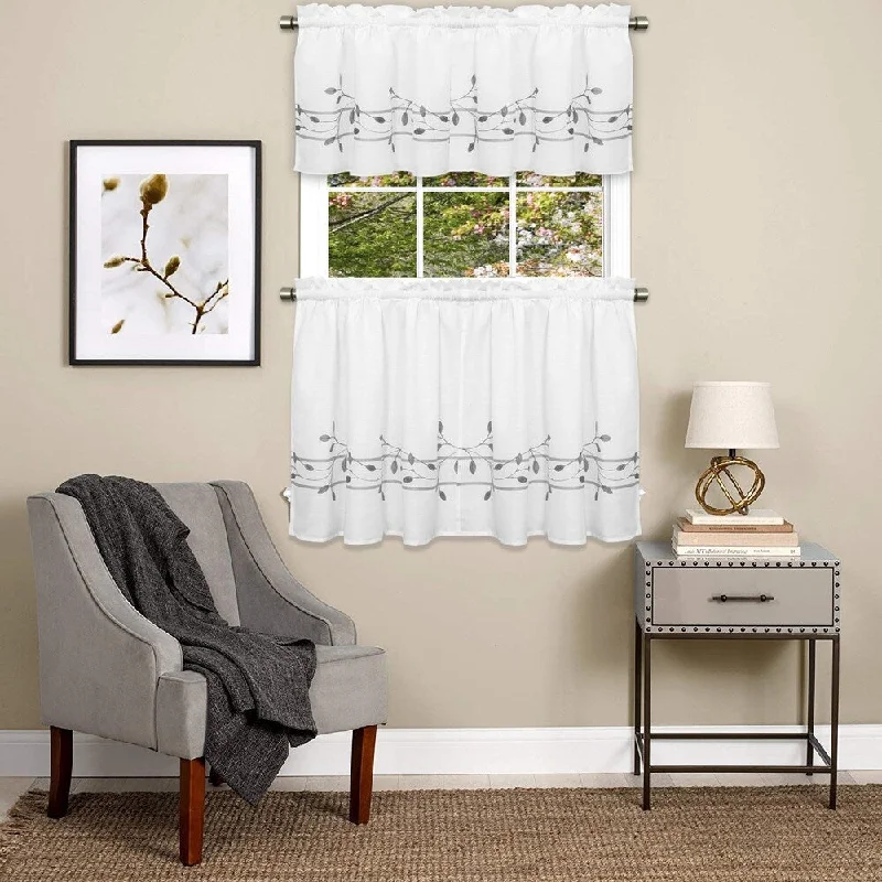 Trellis Embroidered Leaf Pattern Curtain Parts- Tier and Valance Options (Gray)