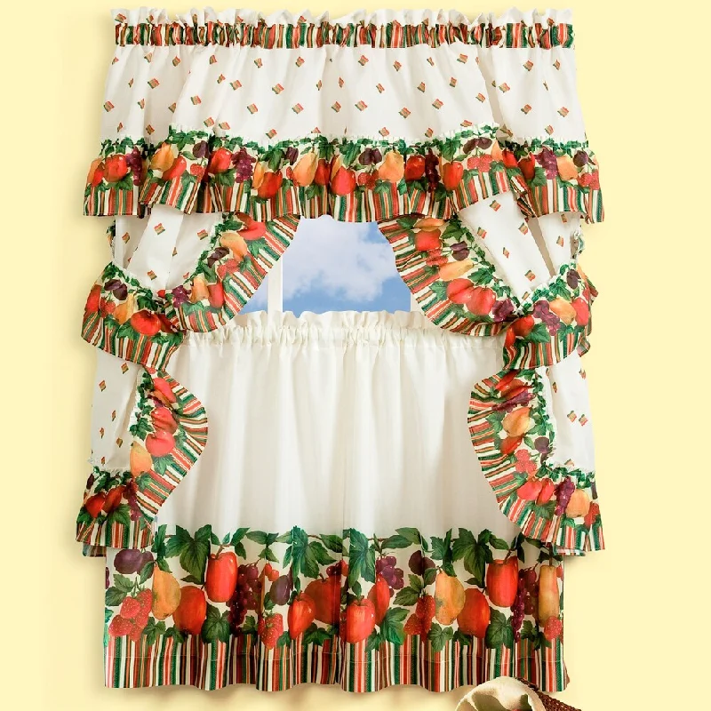 Complete Cottage Curtain Set With a Colorful Fruit and Striped Trim Print