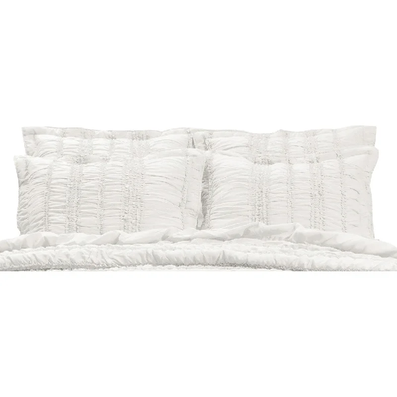 36 Inch Ruffled King Pillow Sham, Polyester Fill, Ruched White Microfiber