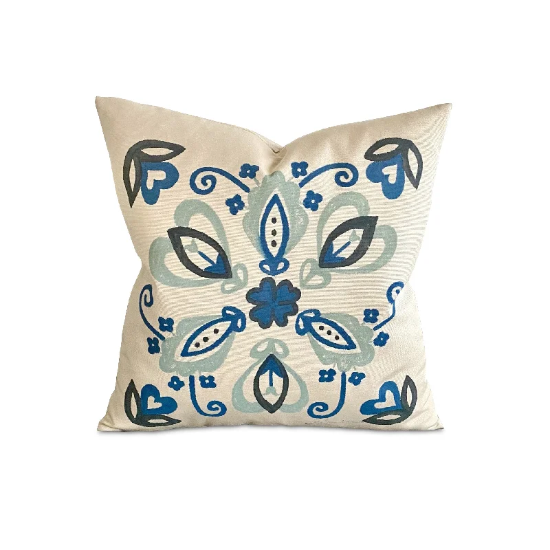 Blue Hand-Painted Floral Throw Pillow Cover 16x16