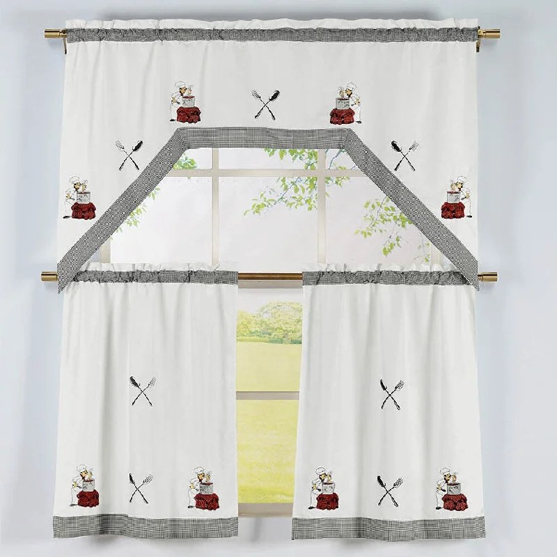 Cooking Chef Pattern 3-piece Embroidered Swag Valance and Tiers Kitchen Curtain Set